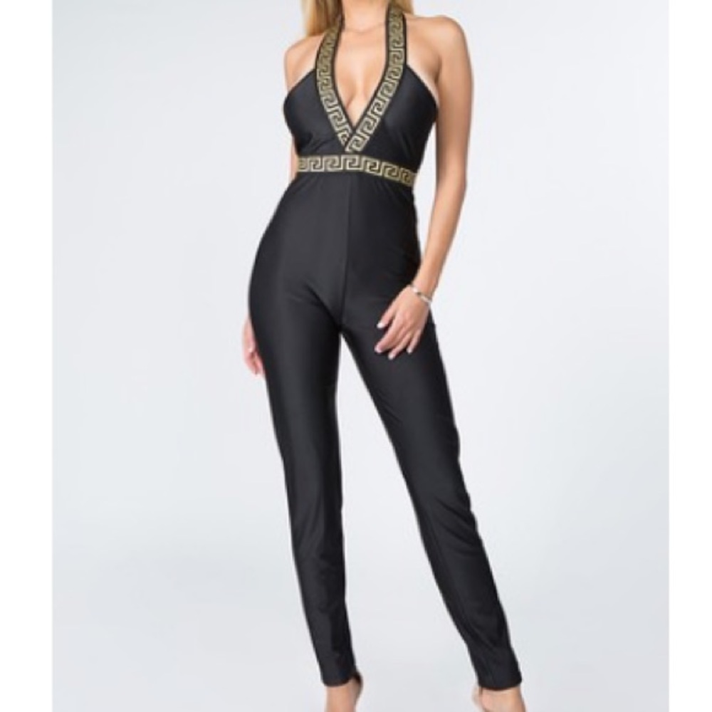 Black Gold Chain Print Stretchy Jumpsuit Outfit